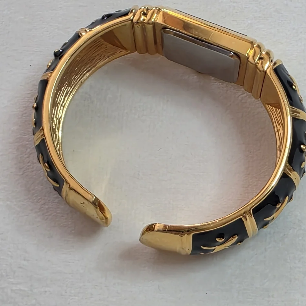 Joan Rivers Gold Black Enamel Bangle Watch Bracelet Vintage Statement WORKS